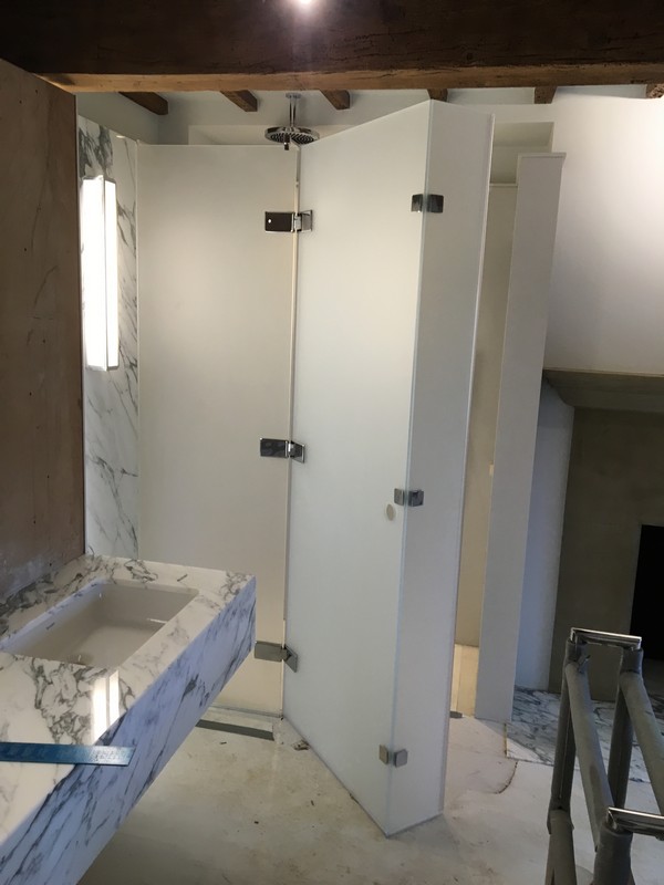 Bespoke frosted glass shower enclosure in Grove Park luxury bathroom